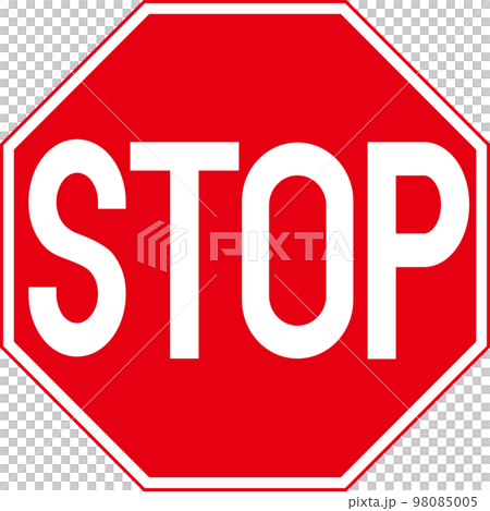STOPと書かれた八角形の赤い道路標識アイコンのイラスト素材 [98085005