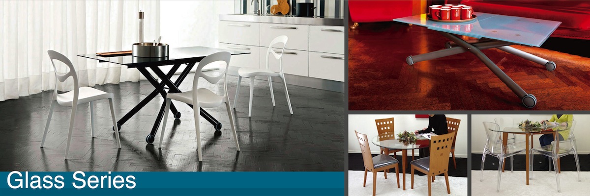 広げて畳めるリフティング（昇降伸縮）テーブルガラス、イタリア製伸張