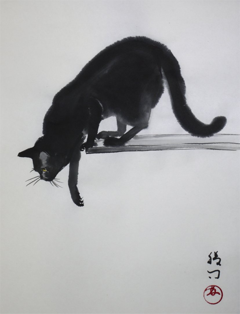 彩墨画（水墨画）「猫」 福田勝司筆 | 水墨画・達風 色彩のある墨絵｜教室