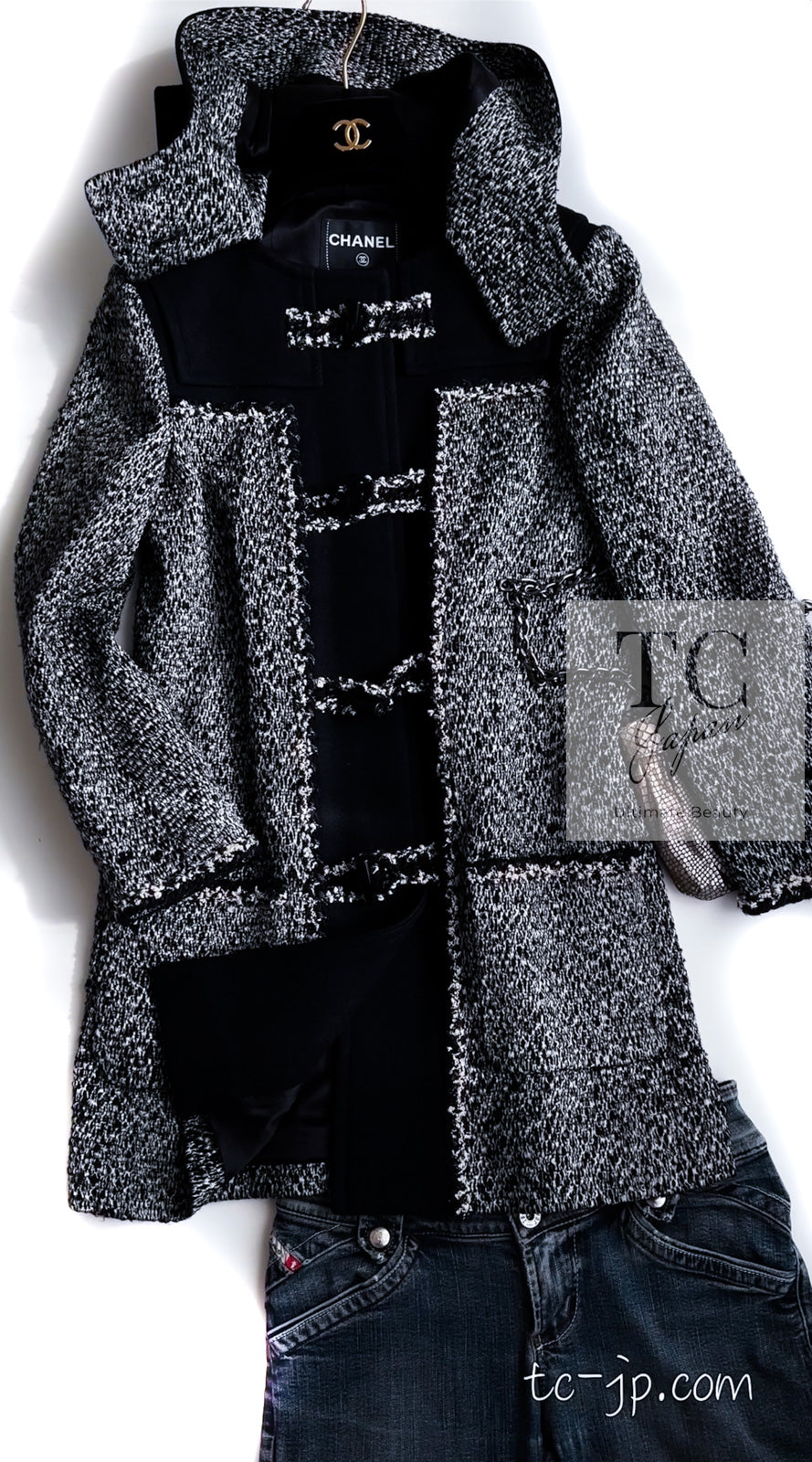 シャネル コート CHANEL ブラック グレー ウール ダッフル フード