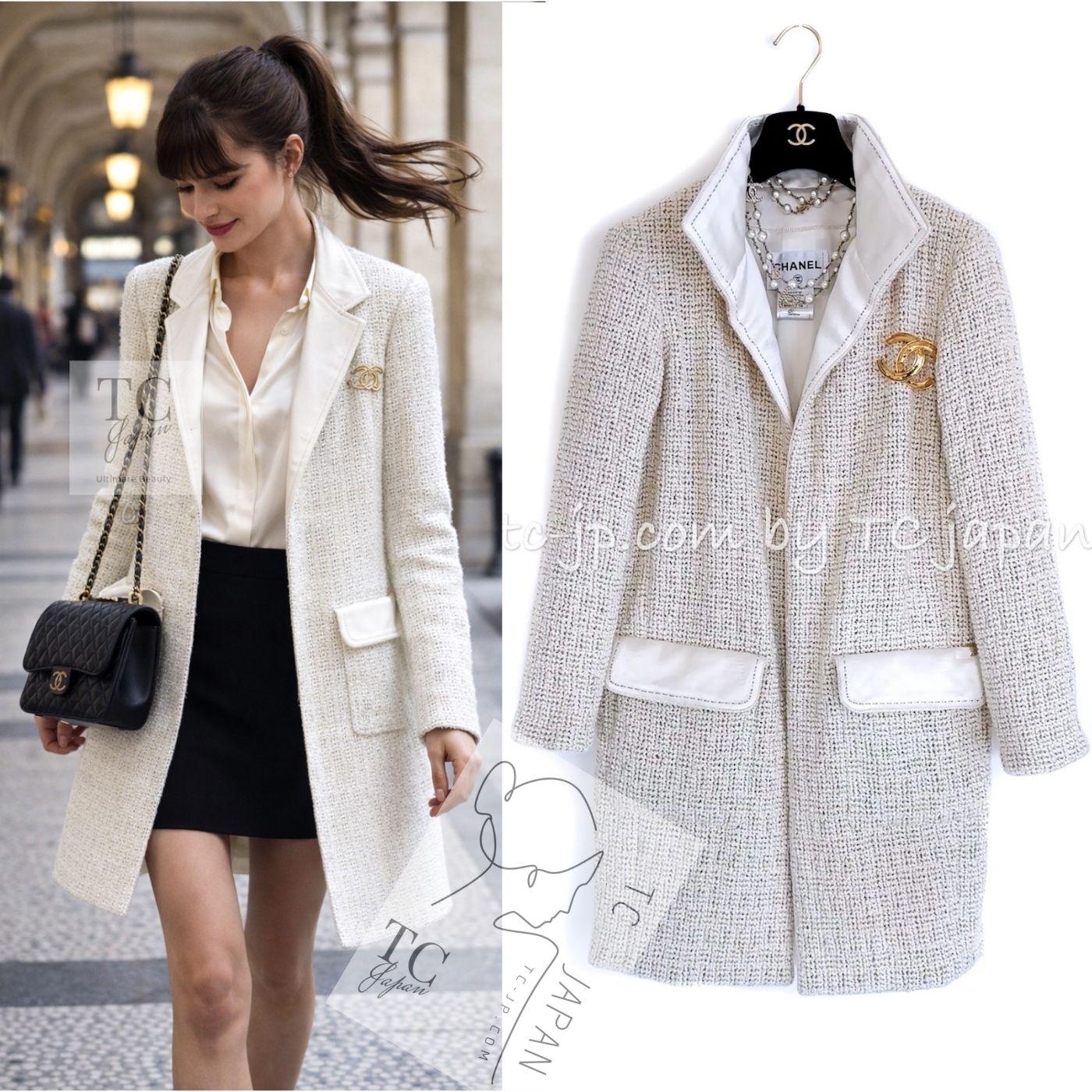 シャネル コート CHANEL アイボリー クリーム メタリック シルク襟