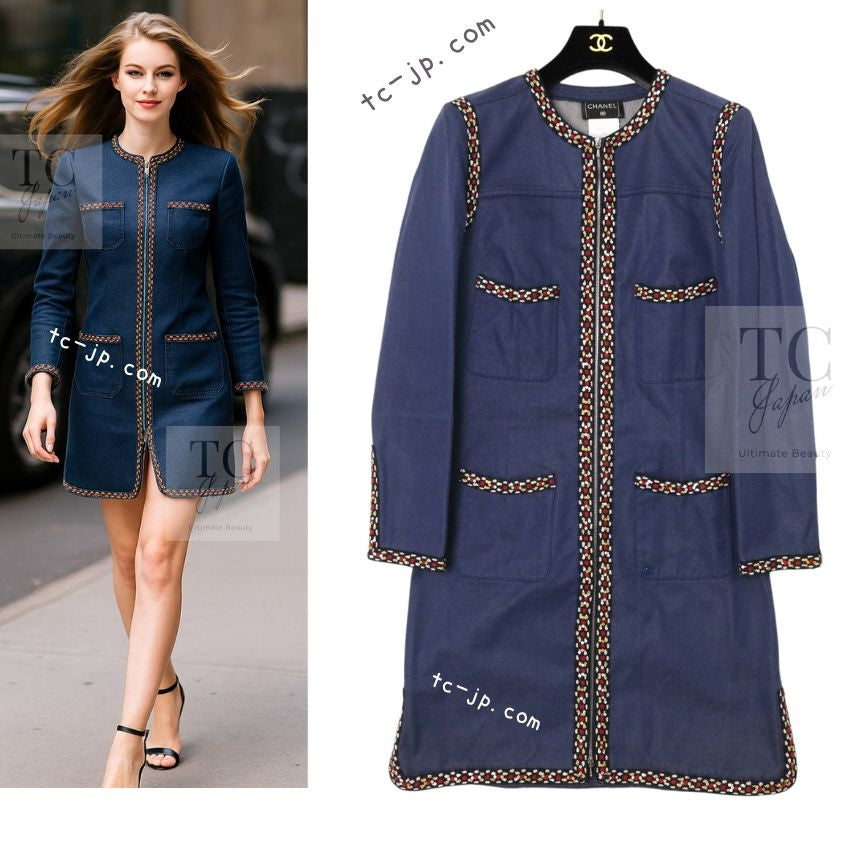 シャネル コート CHANEL ブルー コットン デニム ジッパー ワンピース