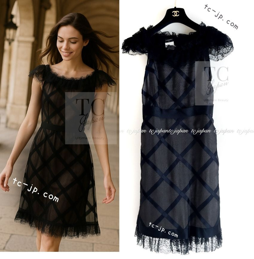 シャネル ワンピース CHANEL ブラック ブラウン サテン シルク トリム