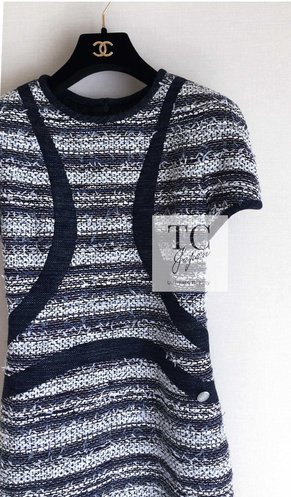 シャネル ワンピース CHANEL ネイビー ホワイト ストライプ柄 コットン
