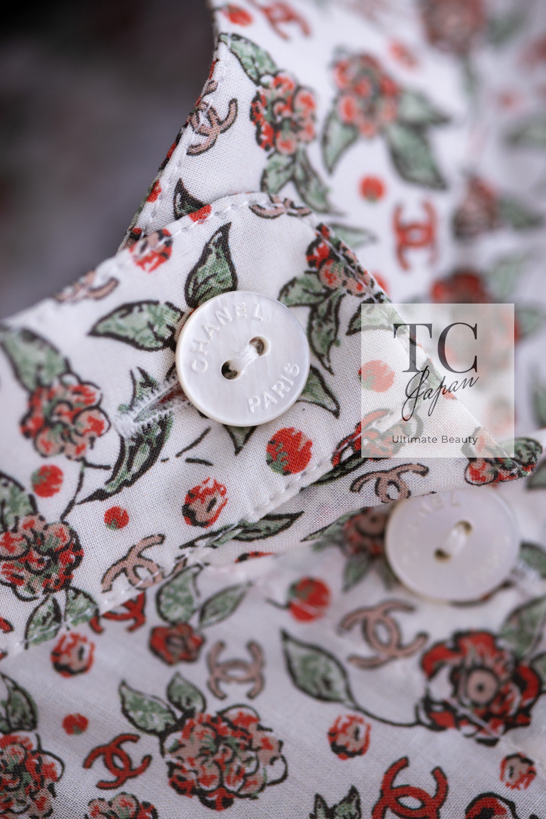 シャネル ブラウス CHANEL ホワイト レッド CC ロゴ 花柄 トップス