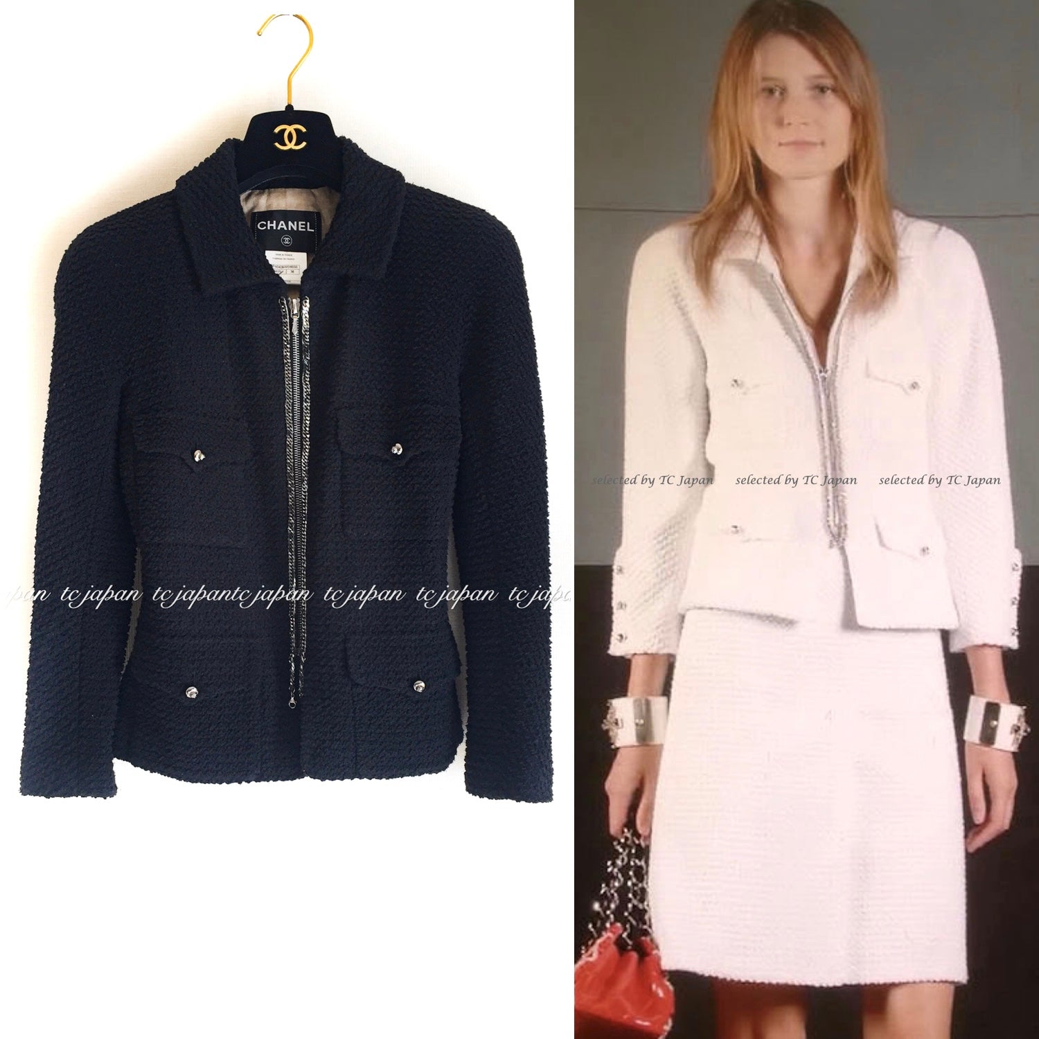 シャネル ジャケット CHANEL ブラック チェーントリム ジッパー