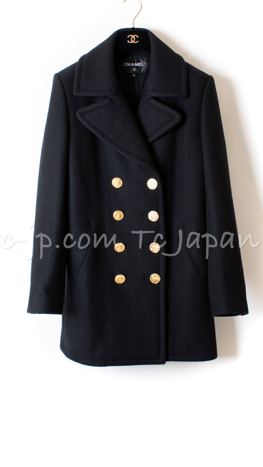 シャネル ピーコート CHANEL ブラック カシミア ゴールド ロゴ ボタン