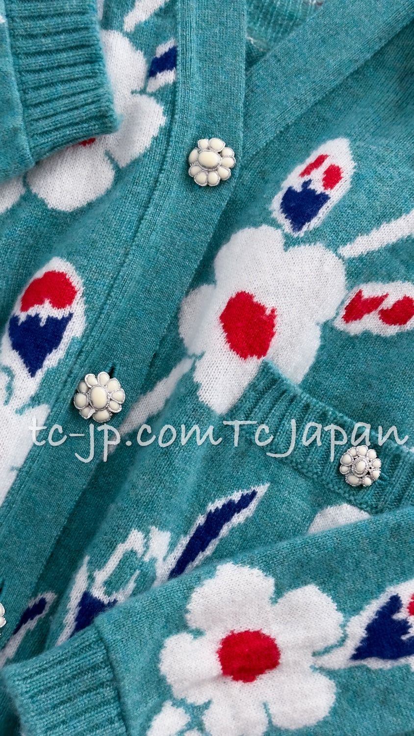 シャネル カーディガン CHANEL グリーン ターコイズ フラワー柄