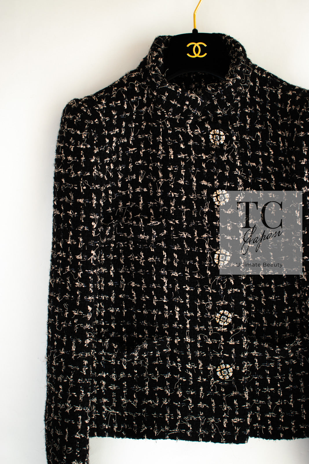 シャネル ジャケット CHANEL ブラック ベージュ ウール コットン