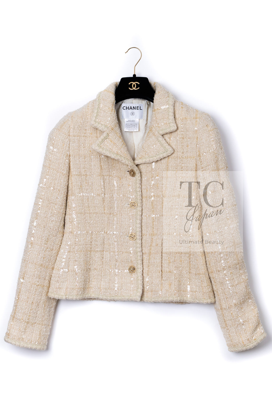 シャネル ジャケット CHANEL アイボリー ベージュ スパンコール ウール