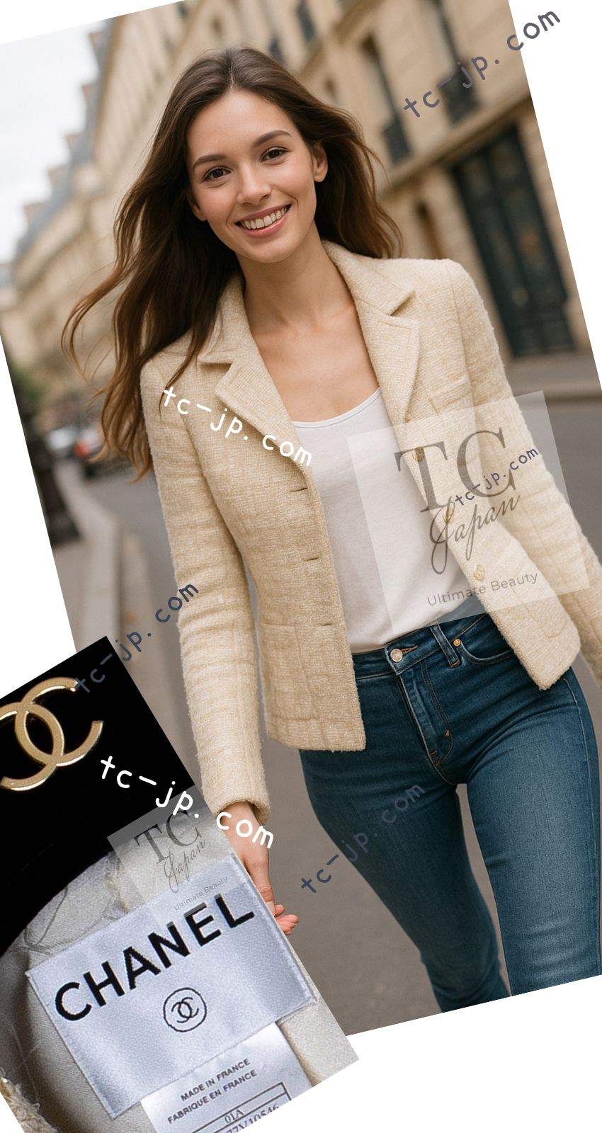 シャネル ジャケット CHANEL アイボリー ベージュ スパンコール ウール