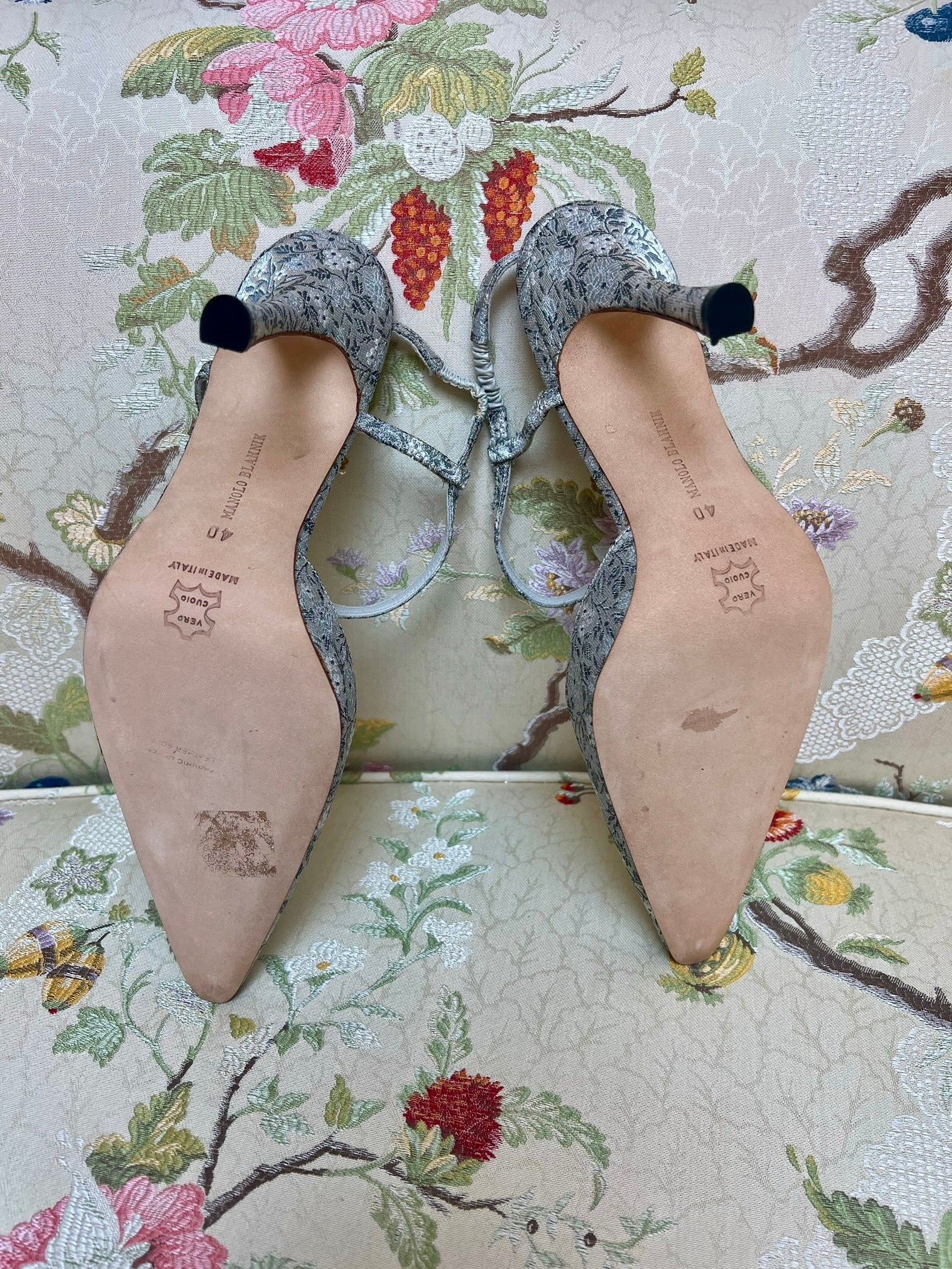 Manolo Blahnik Blue Silver Slingback Floral Jacquard Heels with