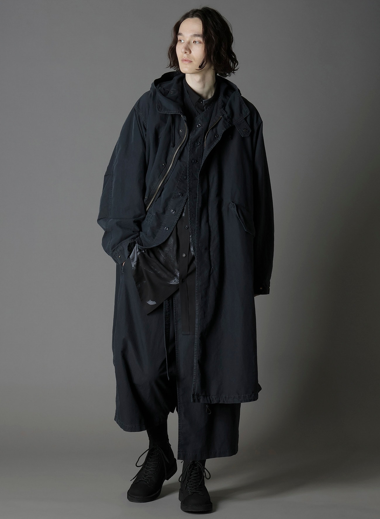 C/NY SULFUR DYEING STONE WASH BIO HOODED MODS COAT(M Black