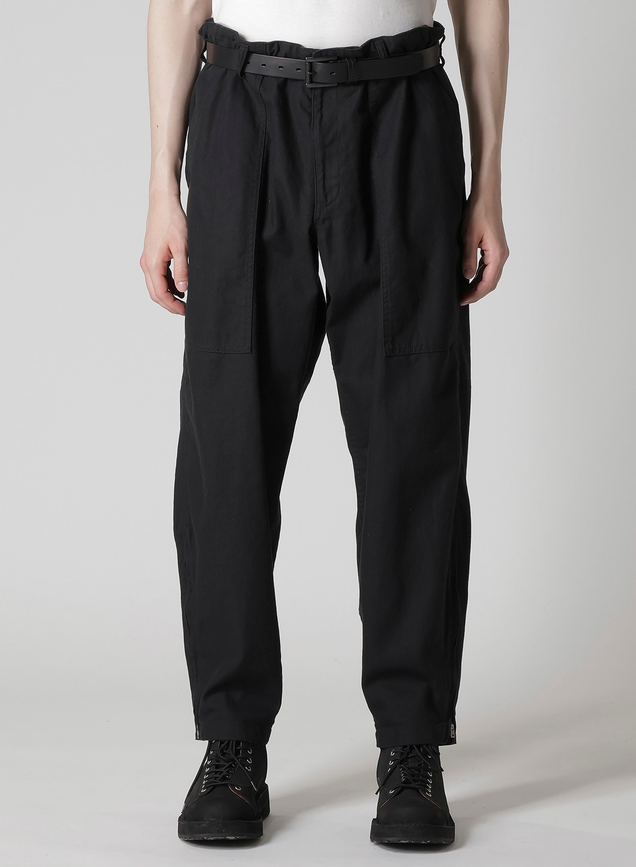 BLACK SCANDAL HERRINGBONE HEM ZIP PAINTER PANTS(S Black): Yohji