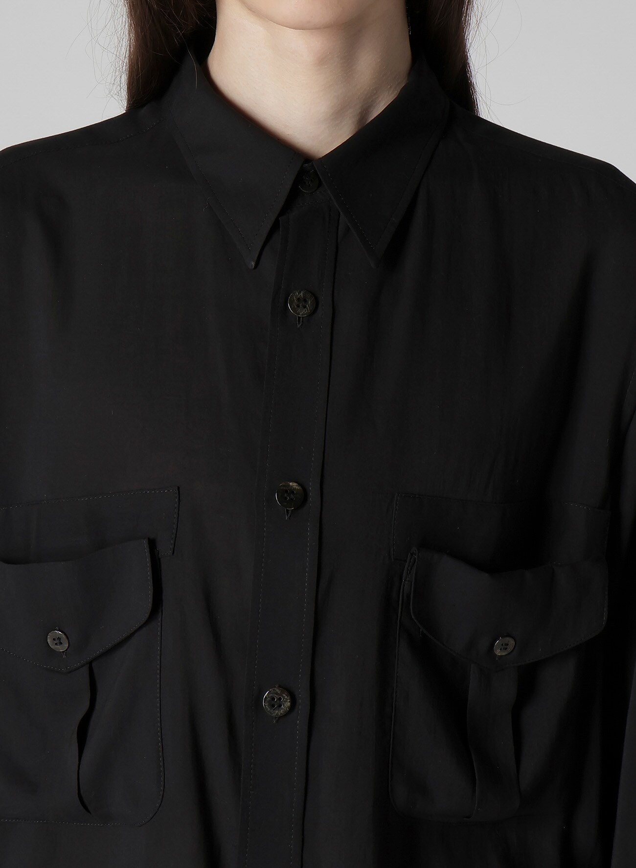 CELLULOSE LAWN DOUBLE-POCKET SHIRT(S Black): Soldes｜THE SHOP