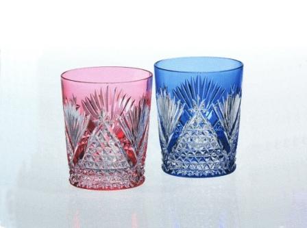 カガミクリスタル 江戸切子 笹っ葉に麻の葉 紋 ペアロックグラス