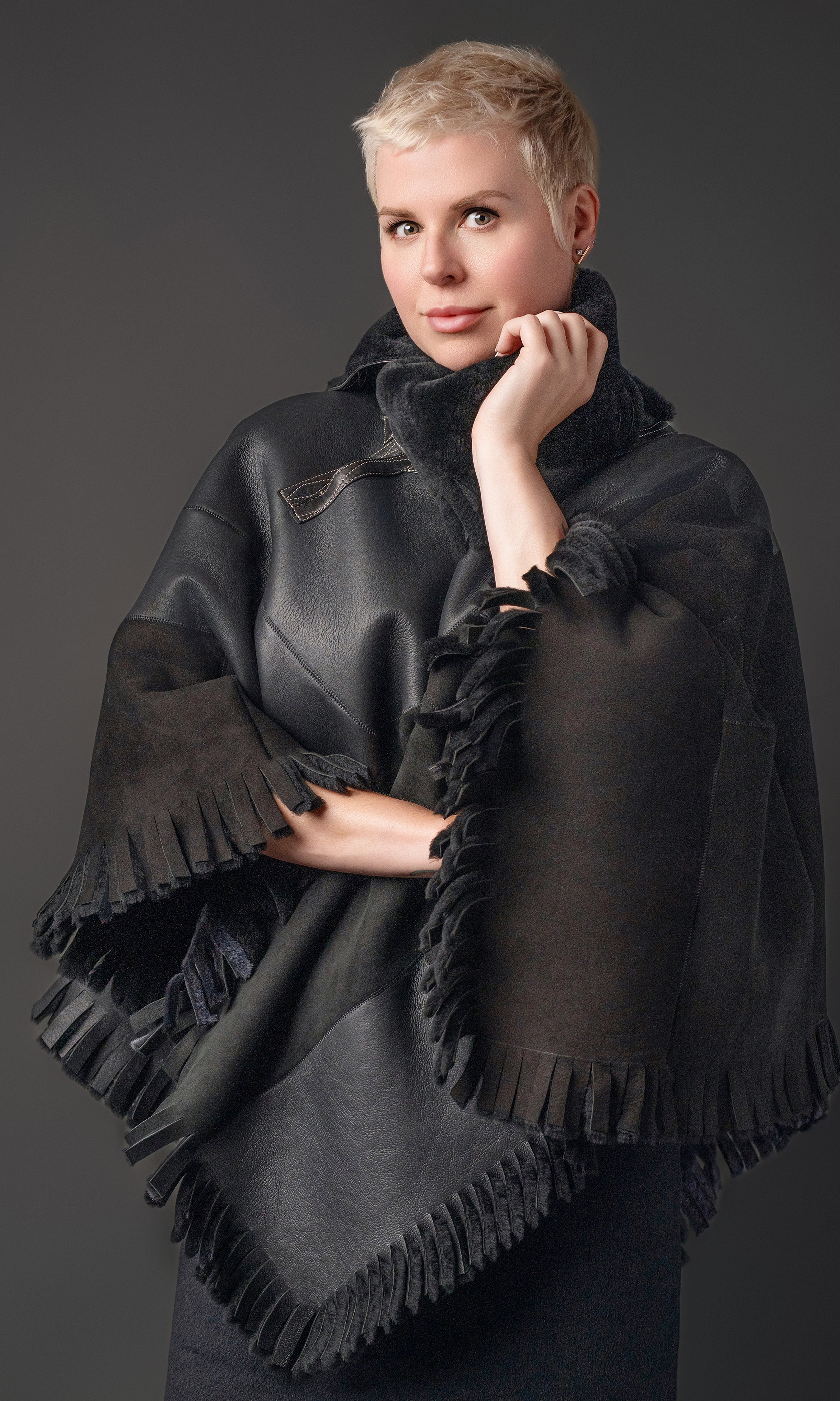 Fringed Shearling Black Poncho – Toshiki and Maryszka