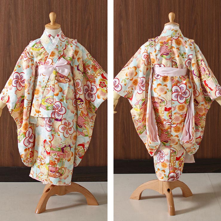 楽天市場】七五三 被布セット 3歳 女児 貝桶にねじり梅 着物 水色 被布