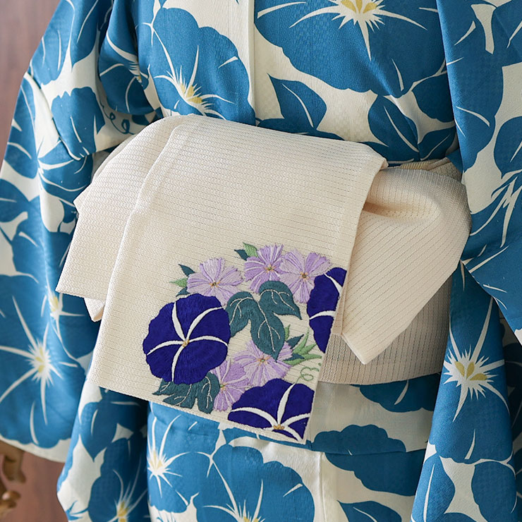 楽天市場】[華やかな刺繍！] 絽 細帯 半巾帯 花丸朝顔 (オフホワイト
