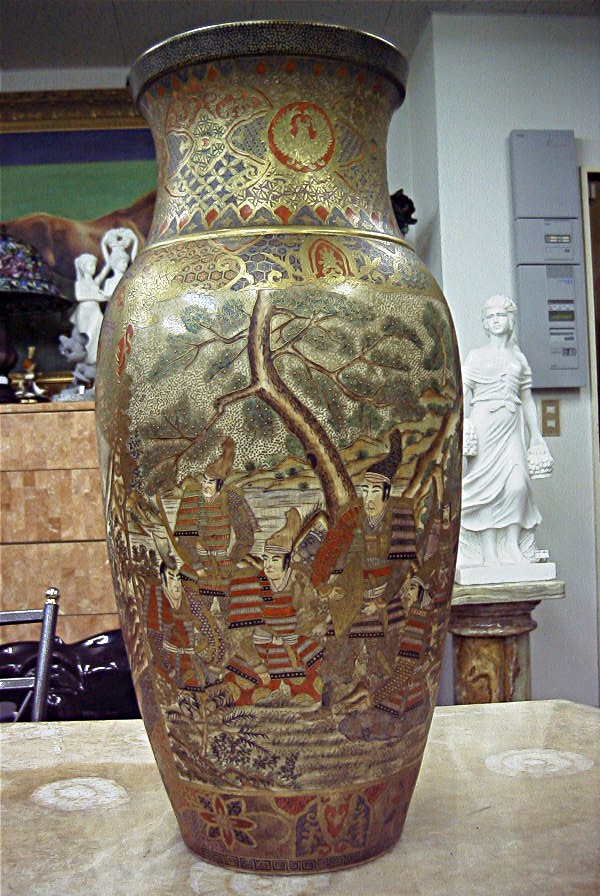 薩摩焼 金薩摩 花鳥紋 大花瓶 鶴 鳳凰 高さ61.5㎝ 壺 耳付き 古美術品