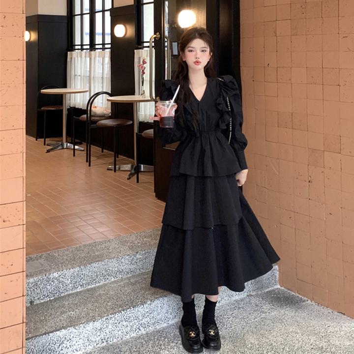 楽天市場】Vネックフリルワンピース フリルワンピース 長袖ワンピース