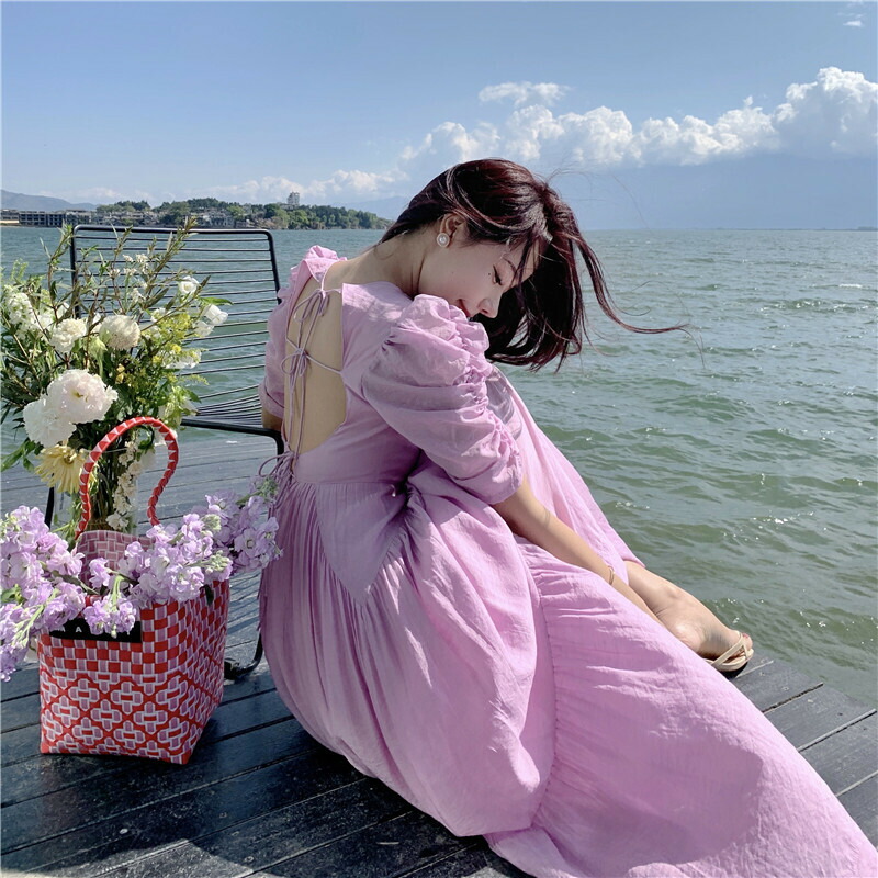 楽天市場】バックリボンワンピース パワーショルダー パフスリーブ