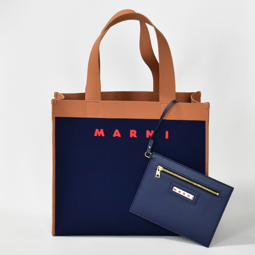 楽天市場】マルニ トートバッグ ネイビー ジャガード ロゴ ポーチ付き