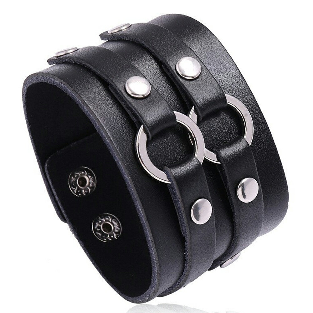 楽天市場】ダブルリングブラックレザーブレスレット 黒色 手首 ワイド