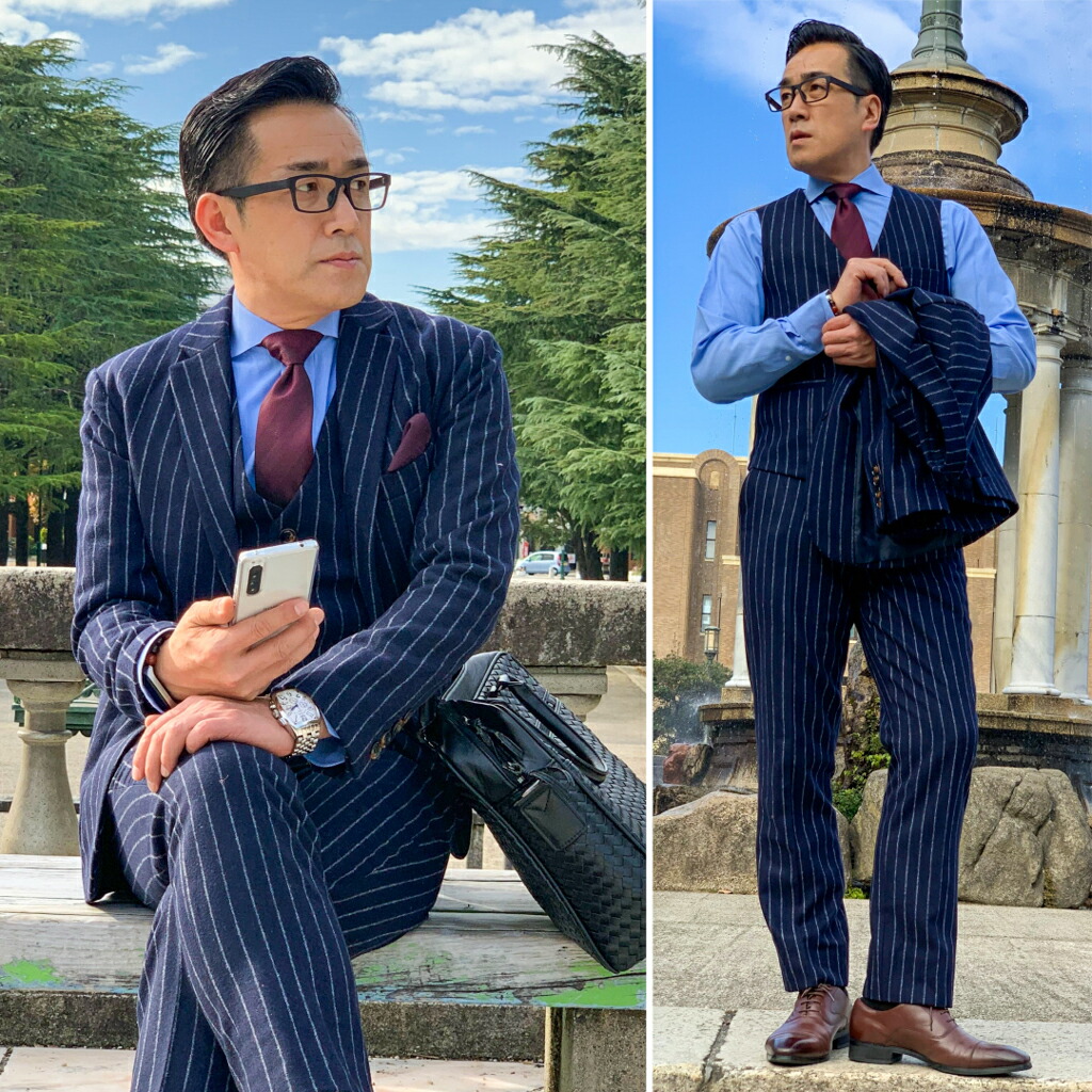 楽天市場】ネイビーストライプシングルジャケットスリーピーススーツ