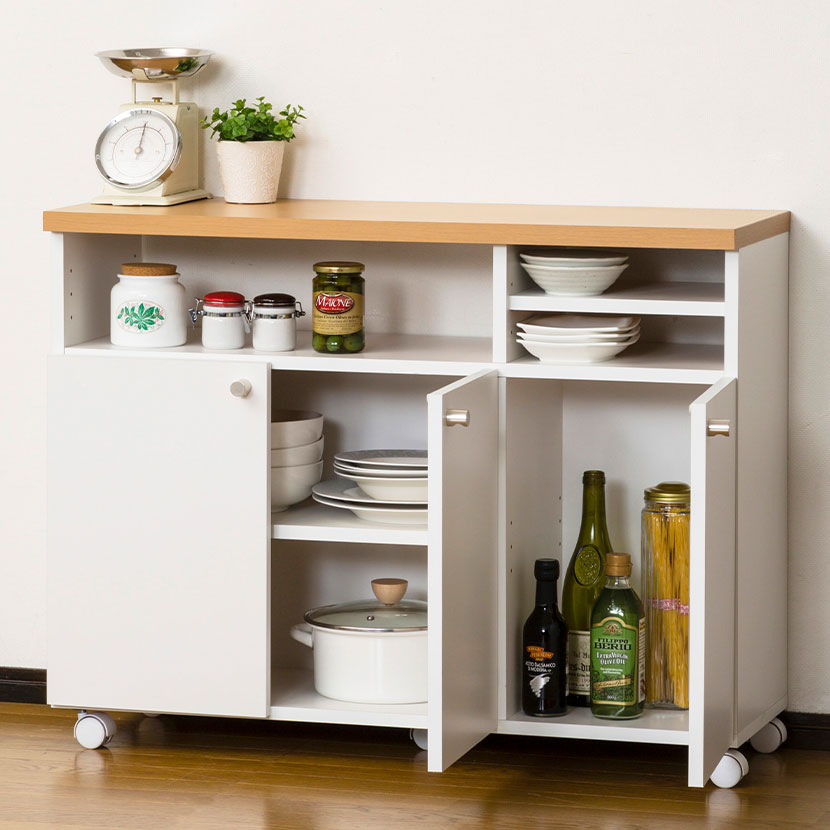 楽天市場】キッチンワゴン キッチンカウンター 角丸 オープン収納 扉