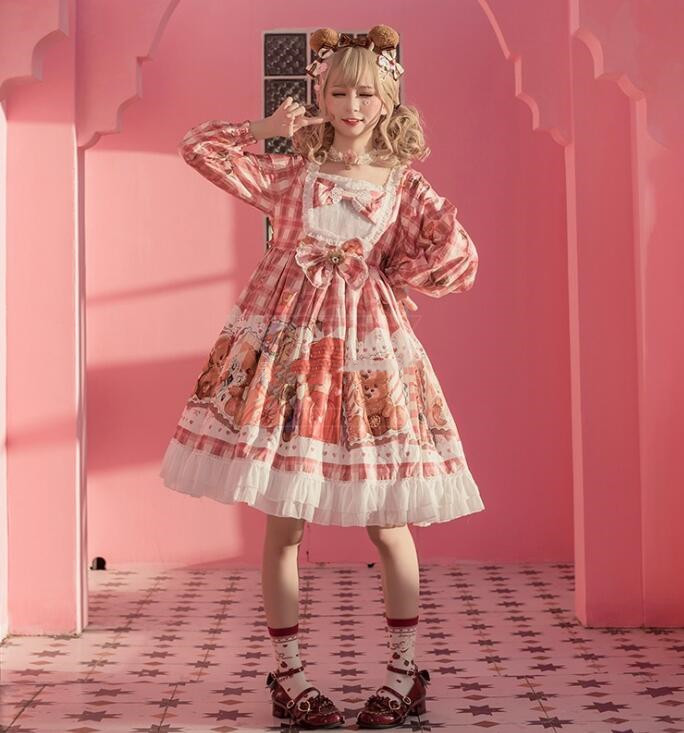 楽天市場】長袖ロリータワンピース チェック柄 ロリータ服 熊柄 可愛い