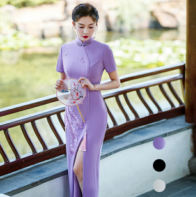 楽天市場】細身 チャイナドレス ロング丈 半袖ドレス マキシ丈