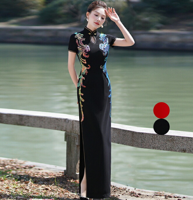 楽天市場】チャイナドレス 高級 半袖 細身ドレス スリット入り