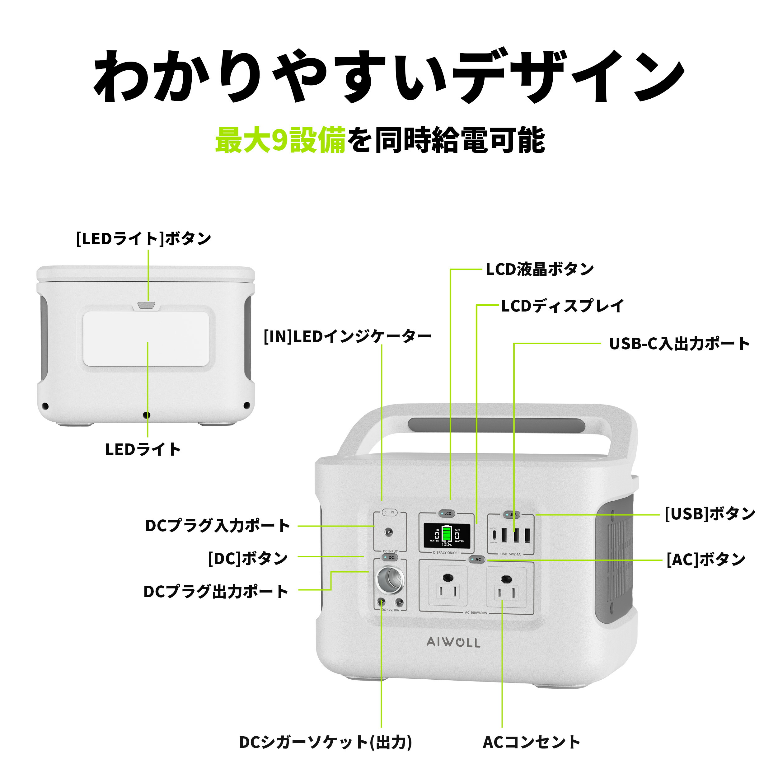 楽天市場】AIWOLL ポータブル電源 515Wh 大容量 600W出力 リン酸鉄 長