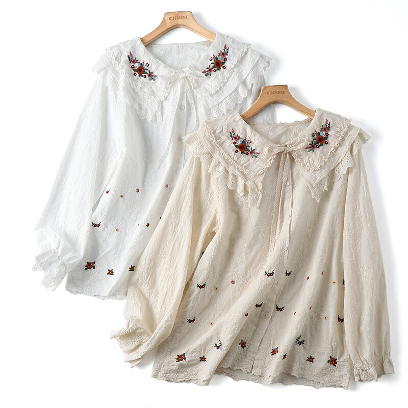 楽天市場】春夏 新作 森ガール ブラウス 長袖 トップス シャツ 刺繍 花