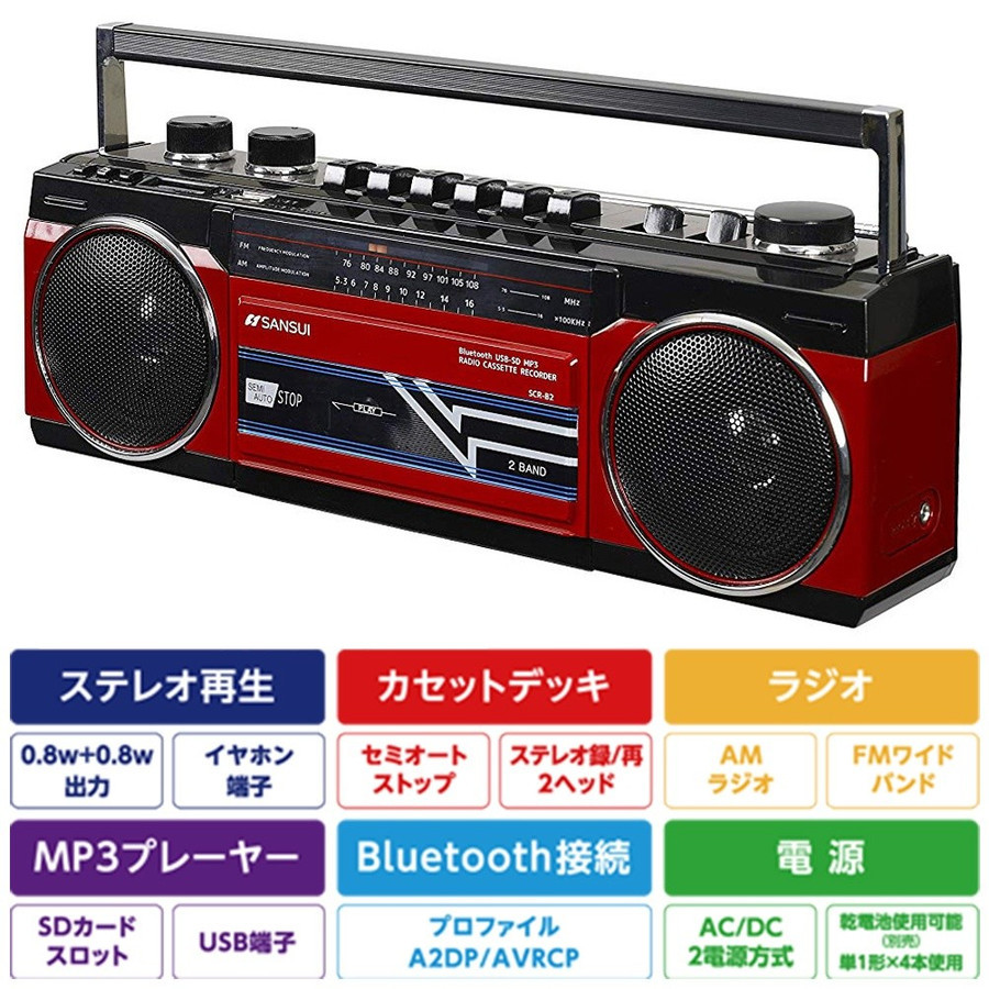 楽天市場】SANSUI ブルー SCR-B2 BL カセットテープレコーダー レトロ