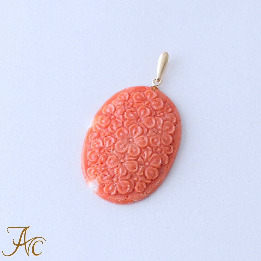 楽天市場】≪1年保証付き付≫日本産桃珊瑚 K18 彫り お花 ペンダント