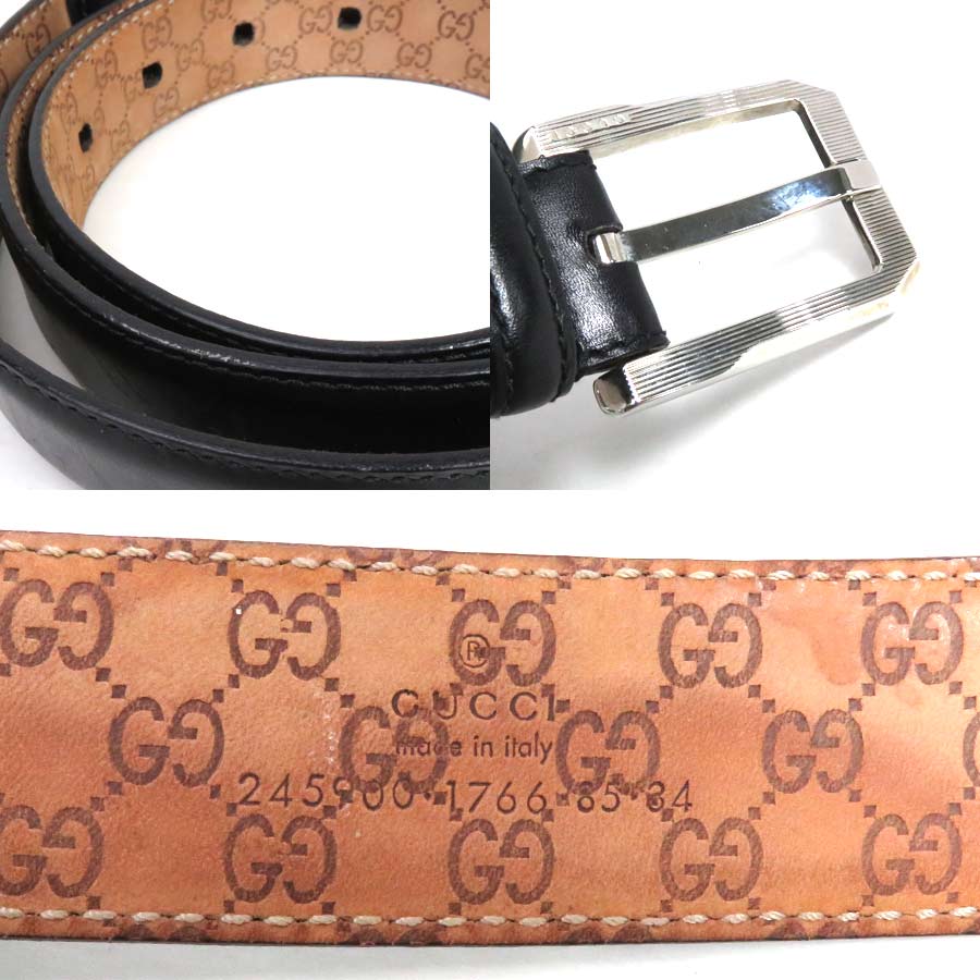 楽天市場】グッチ ベルト（85/34） ブラックxシルバー金具 レザーx金属