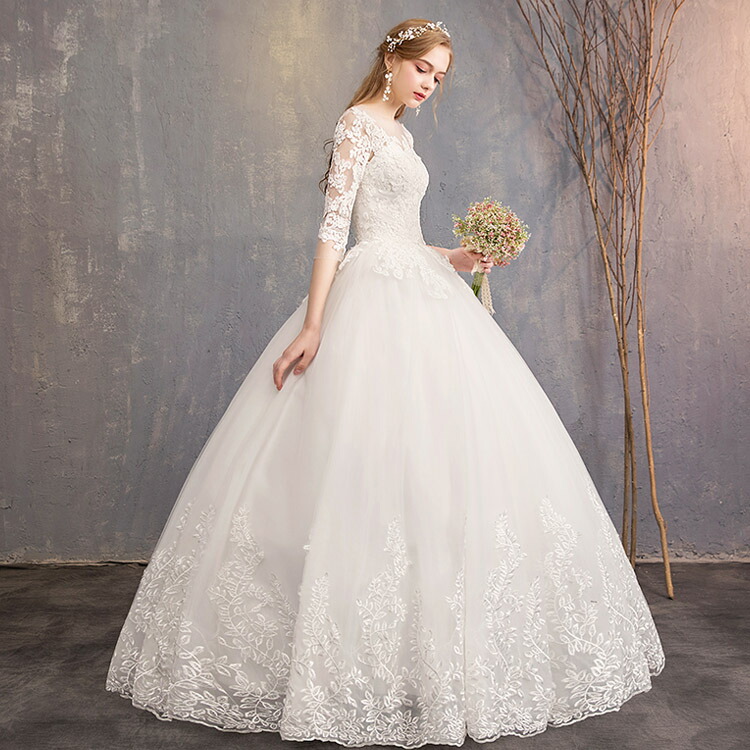 楽天市場】送料無料 ウェディングドレス レース 7分袖 ホワイトドレス