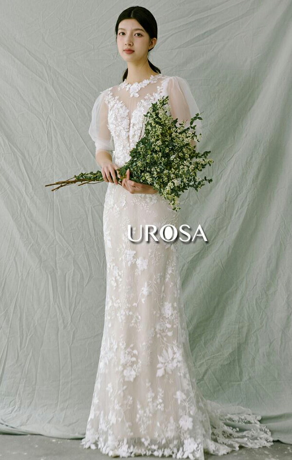 楽天市場】ウェディングドレス レース袖あり 長いフィッシュテール