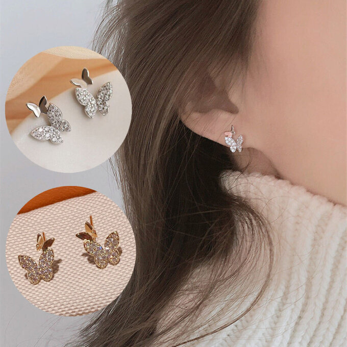 楽天市場】S925 レディース人気ピアス ダブル蝶々 バタフライ キラキラ