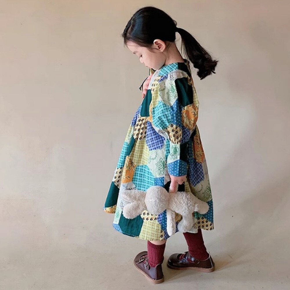 楽天市場】ワンピース キッズ 長袖 レトロ パッチワーク柄 韓国子供服