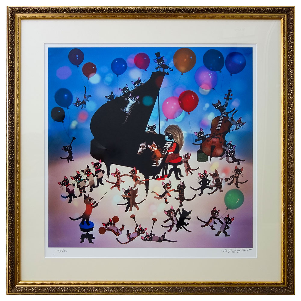 楽天市場】藤城清治 「猫と少女の音楽会」 セリグラフ シルク