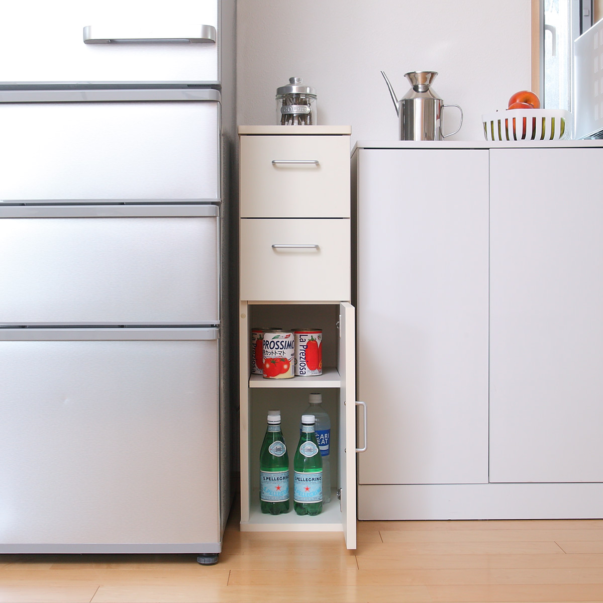 楽天市場】キッチン収納 すき間収納 スリムチェスト 引出し 2段 木扉