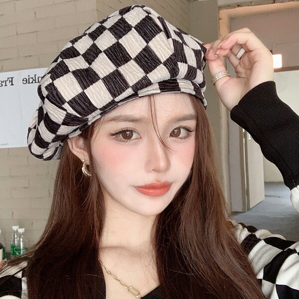 楽天市場】ベレー帽 チェッカー柄 ブロックチェック柄 白黒 ブラック