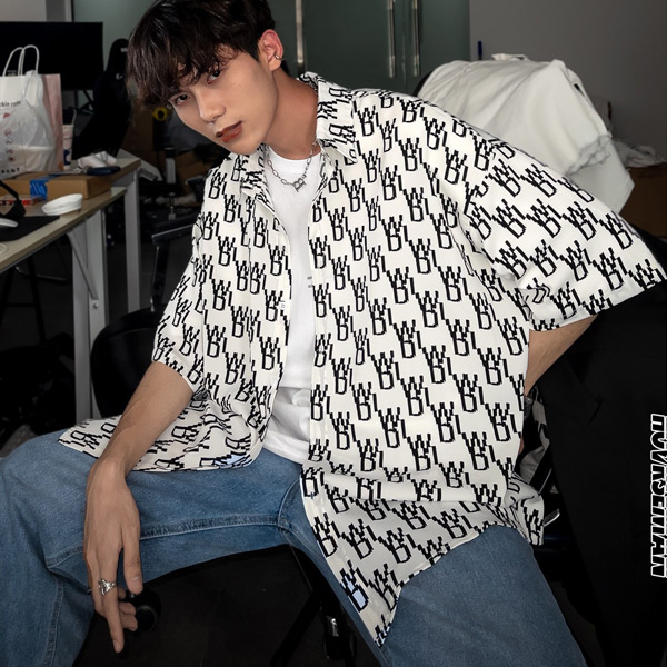 楽天市場】柄シャツ ロゴ柄 総柄 半袖 白 黒 モノトーン ダンス 衣装