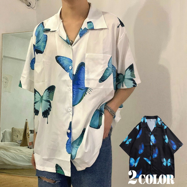 楽天市場】【送料無料】 柄シャツ バタフライ柄 オープンカラー 半袖
