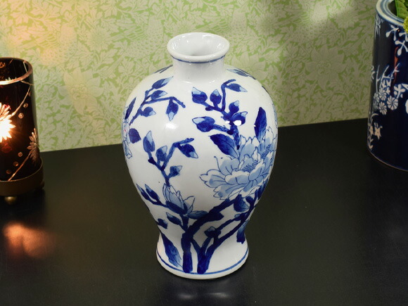 楽天市場】A＆B HOME ブルーホワイトピオニー 青白陶器牡丹柄壷 花瓶