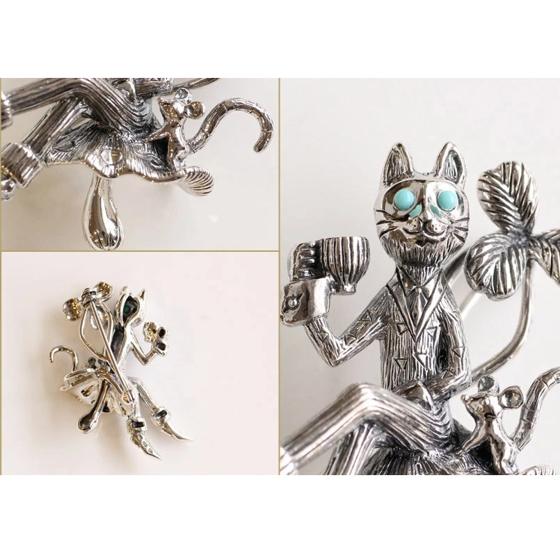 楽天市場】【碌山】 シルバー 猫男爵 ターコイズ ブローチアンティーク