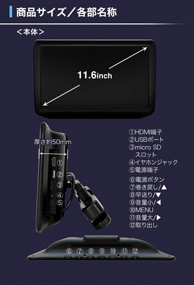 楽天市場】DVD内蔵 11.6インチ リアモニター HDMI 取り付け場所自由